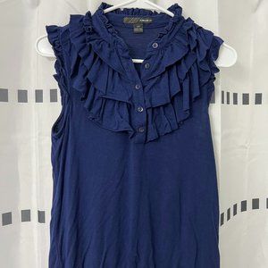 Forever 21 Sleeveless Button Down Ruffle Victorian Blouse Navy Blue